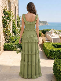 A Line Chiffon Tiered Ruffles Square Neck Spaghetti Straps Long Bridesmaid Dresses