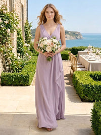 A Line Spaghetti Straps Chiffon V Neck Long Bridesmaid Dresses with Pleated