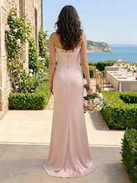 A Line Satin Strapless Long Bridesmaid Dresses