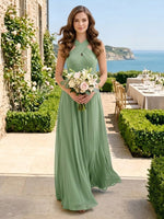 Chiffon Halter A Line Sleeveless Long Bridesmaid Dresses