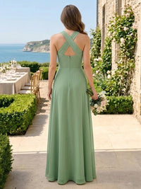 Chiffon Halter A Line Sleeveless Long Bridesmaid Dresses