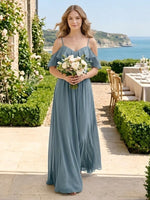 Off Shoulder A Line Spaghetti Straps Chiffon V Neck Long Bridesmaid Dresses