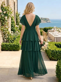 A Line Chiffon V Neck Tiered Ruffles Short Sleeves Long Bridesmaid Dresses with Slit