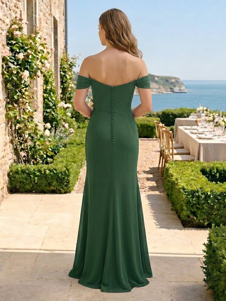 Chiffon Mermaid Off Shoulder Strapless Long Bridesmaid Dresses with Slit