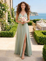 Chiffon V Neck Spaghetti Straps Long Bridesmaid Dresses with Slit