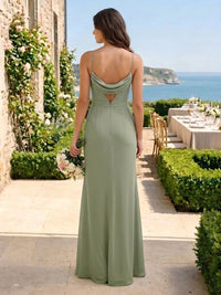 Mermaid Chiffon Cowl Neck Spaghetti Straps Long Bridesmaid Dresses with Slit