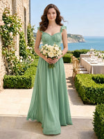 A Line Ruffle Spaghetti Straps Chiffon Corset Long Bridesmaid Dresses