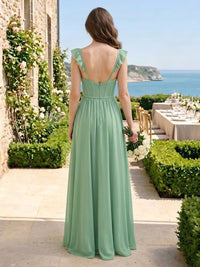 A Line Ruffle Spaghetti Straps Chiffon Corset Long Bridesmaid Dresses