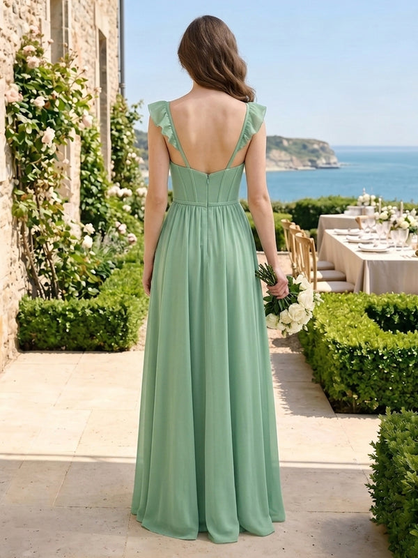 A Line Ruffle Spaghetti Straps Chiffon Corset Long Bridesmaid Dresses