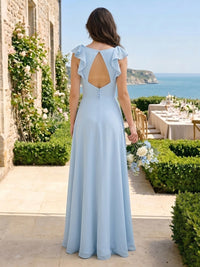 A Line Chiffon V Neck Bow Spaghetti Straps Long Bridesmaid Dresses with Pockets