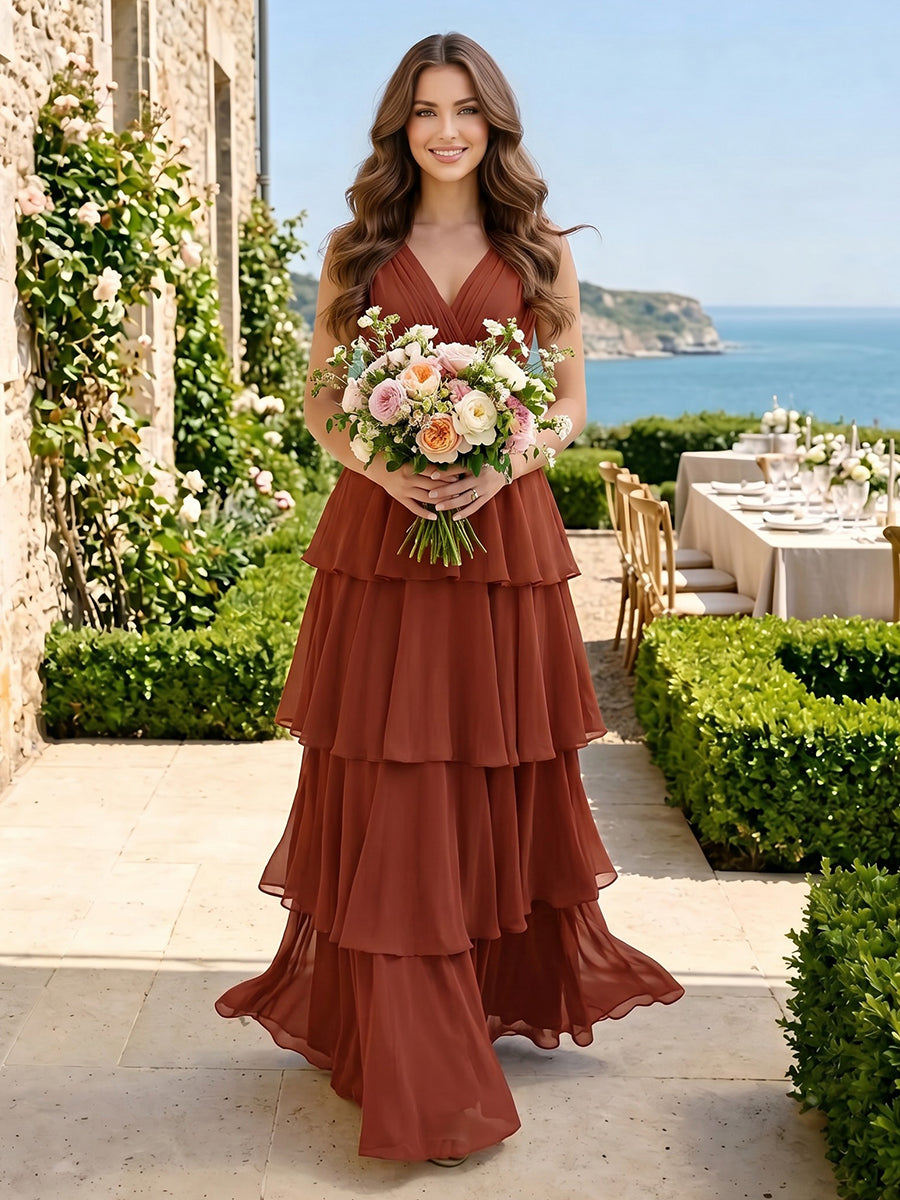 V Neck Tiered Chiffon A Line Sleeveless Long Bridesmaid Dresses