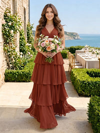 V Neck Tiered Chiffon A Line Sleeveless Long Bridesmaid Dresses