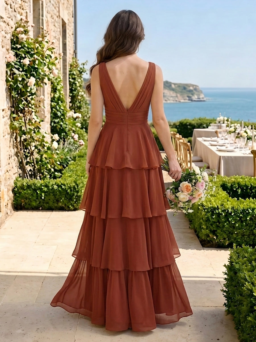 V Neck Tiered Chiffon A Line Sleeveless Long Bridesmaid Dresses