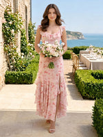 Floral Print Square Neck Ruffles Mermaid Long Bridesmaid Dresses