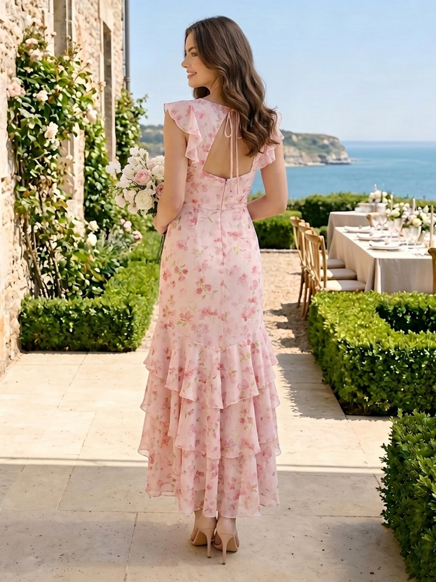 Floral Print Square Neck Ruffles Mermaid Long Bridesmaid Dresses