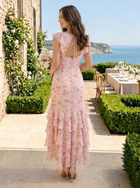 Floral Print Square Neck Ruffles Mermaid Long Bridesmaid Dresses