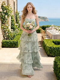 Floral Print Strapless Chiffon Tiered Ruffles Long Bridesmaid Dresses with Ruched