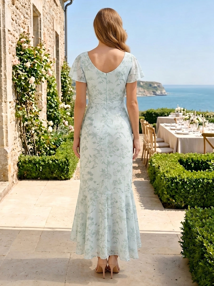 Floral Print Chiffon A Line V Neck Short Sleeves Long Bridesmaid Dresses