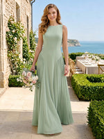 Chiffon Boat Neck A Line Long Bridesmaid Dresses