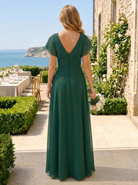 A Line Chiffon V Neck Short Sleeves Long Bridesmaid Dresses
