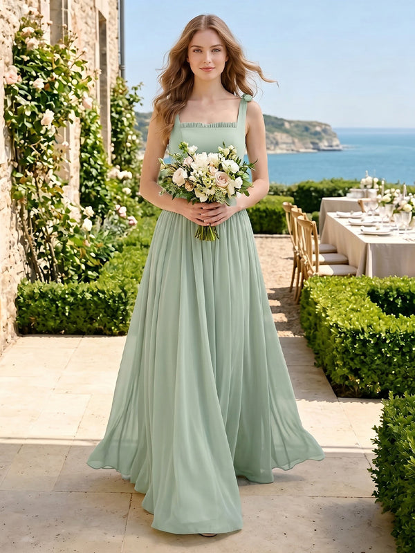 Square Neck Chiffon A Line Long Bridesmaid Dresses