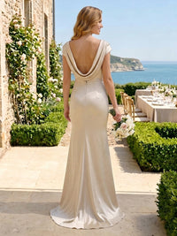 Satin Cowl Neck Short Sleeves A Line Long Bridesmaid Dresses