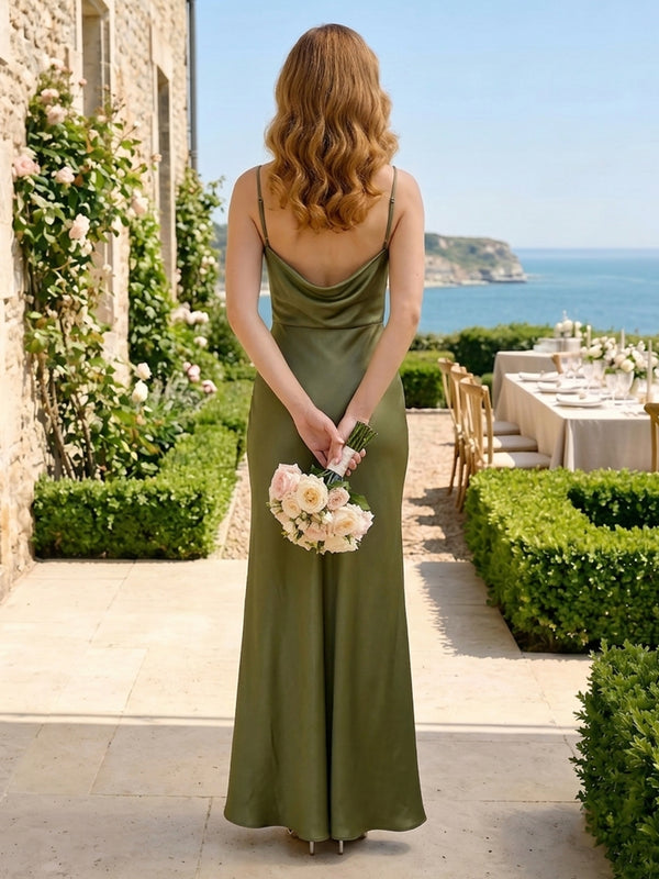 Mermaid Satin Cowl Neck Short Sleeves Tea Bridesmaid Dresses