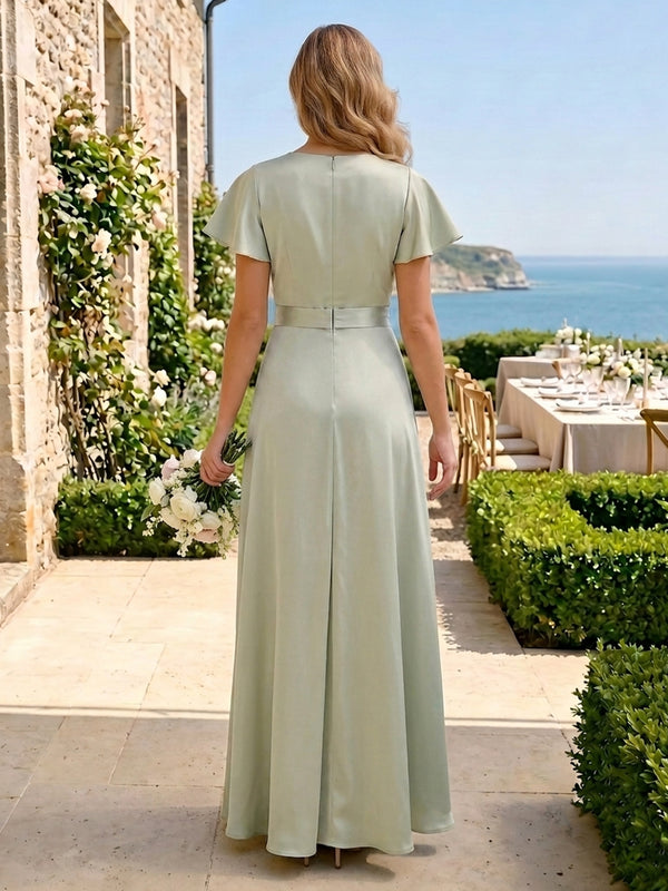 Satin V Neck Short Sleeves A Line Long Bridesmaid Dresses with Belt
