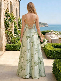Floral Print Satin A Line Long Bridesmaid Dresses with Slit