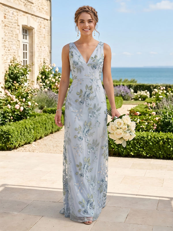 Lace Appliques V Neck Sleeveless Mermaid Long Bridesmaid Dresses