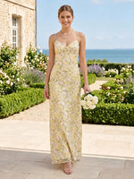 V Neck Floral Print Spaghetti Straps Mermaid Long Bridesmaid Dresses