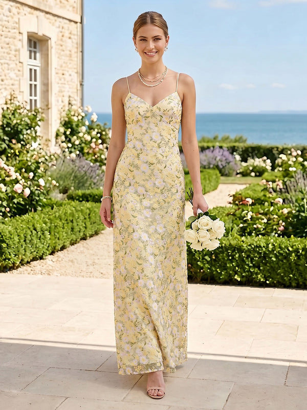 V Neck Floral Print Spaghetti Straps Mermaid Long Bridesmaid Dresses