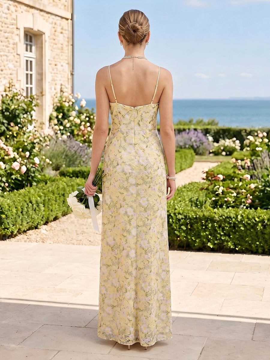 V Neck Floral Print Spaghetti Straps Mermaid Long Bridesmaid Dresses