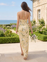Floral Print Mermaid Satin Halter Sleeveless Long Bridesmaid Dresses with Slit