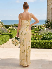 Satin Floral Print Strapless Mermaid Long Bridesmaid Dresses