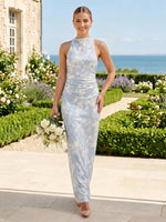 Floral Print Halter Sleeveless Mermaid Long Bridesmaid Dresses