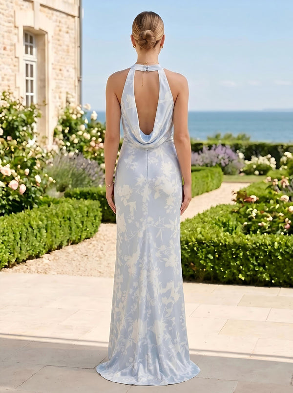 Floral Print Halter Sleeveless Mermaid Long Bridesmaid Dresses
