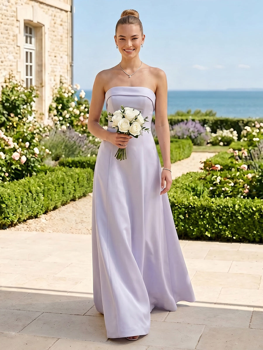 A Line Satin Strapless Sleeveless Long Bridesmaid Dresses