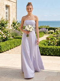 A Line Satin Strapless Sleeveless Long Bridesmaid Dresses