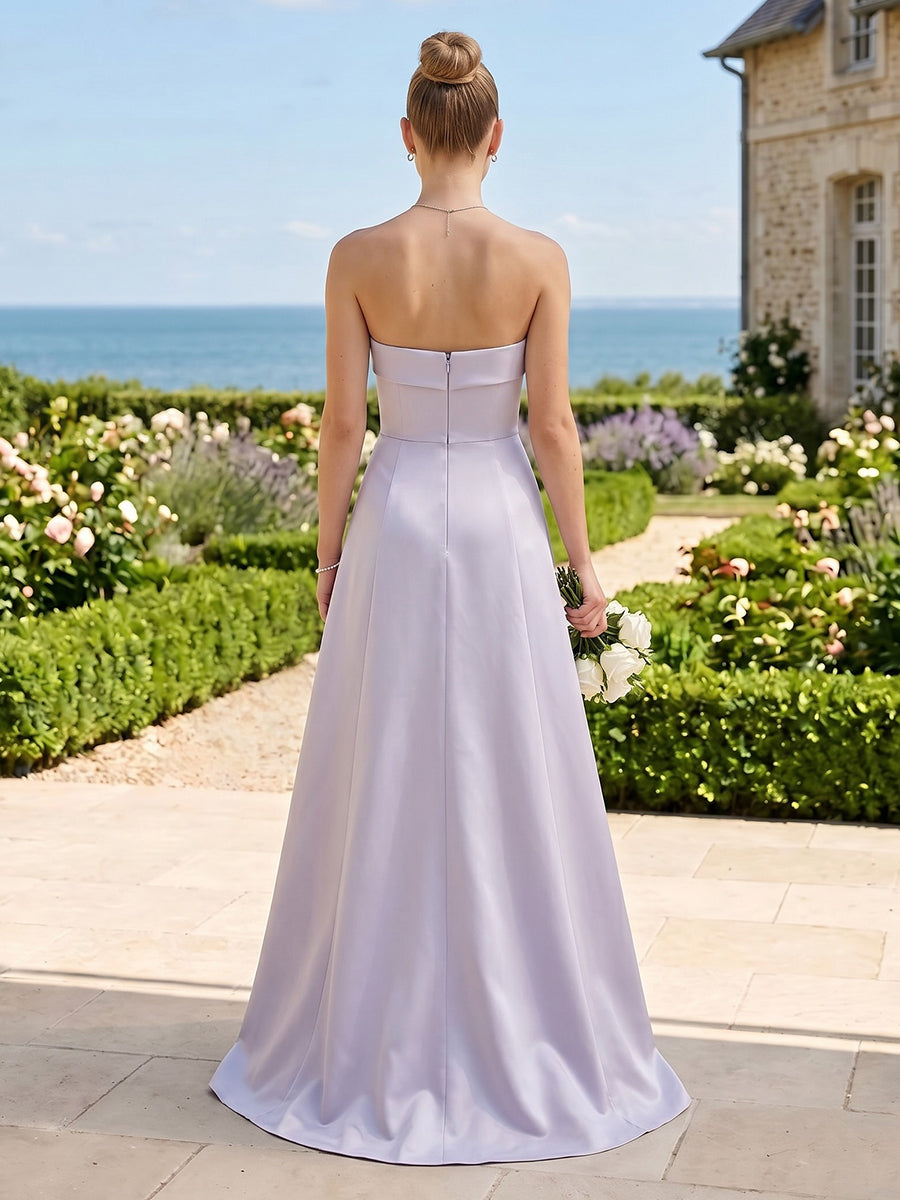 A Line Satin Strapless Sleeveless Long Bridesmaid Dresses