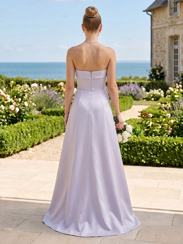 A Line Satin Strapless Sleeveless Long Bridesmaid Dresses
