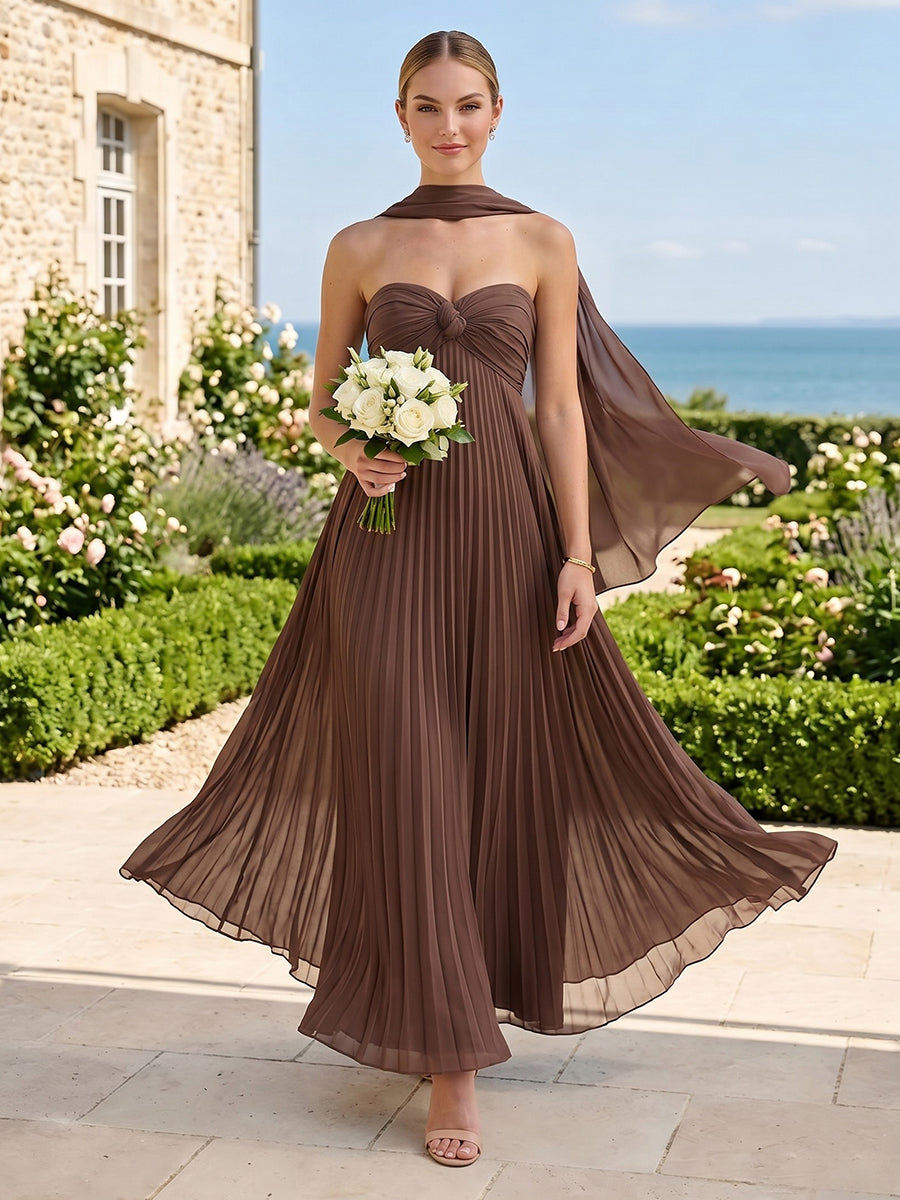A Line Strapless Sleeveless Long Bridesmaid Dresses with Scarf
