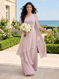 A Line Chiffon One Shoulder Sleeveless Long Bridesmaid Dresses