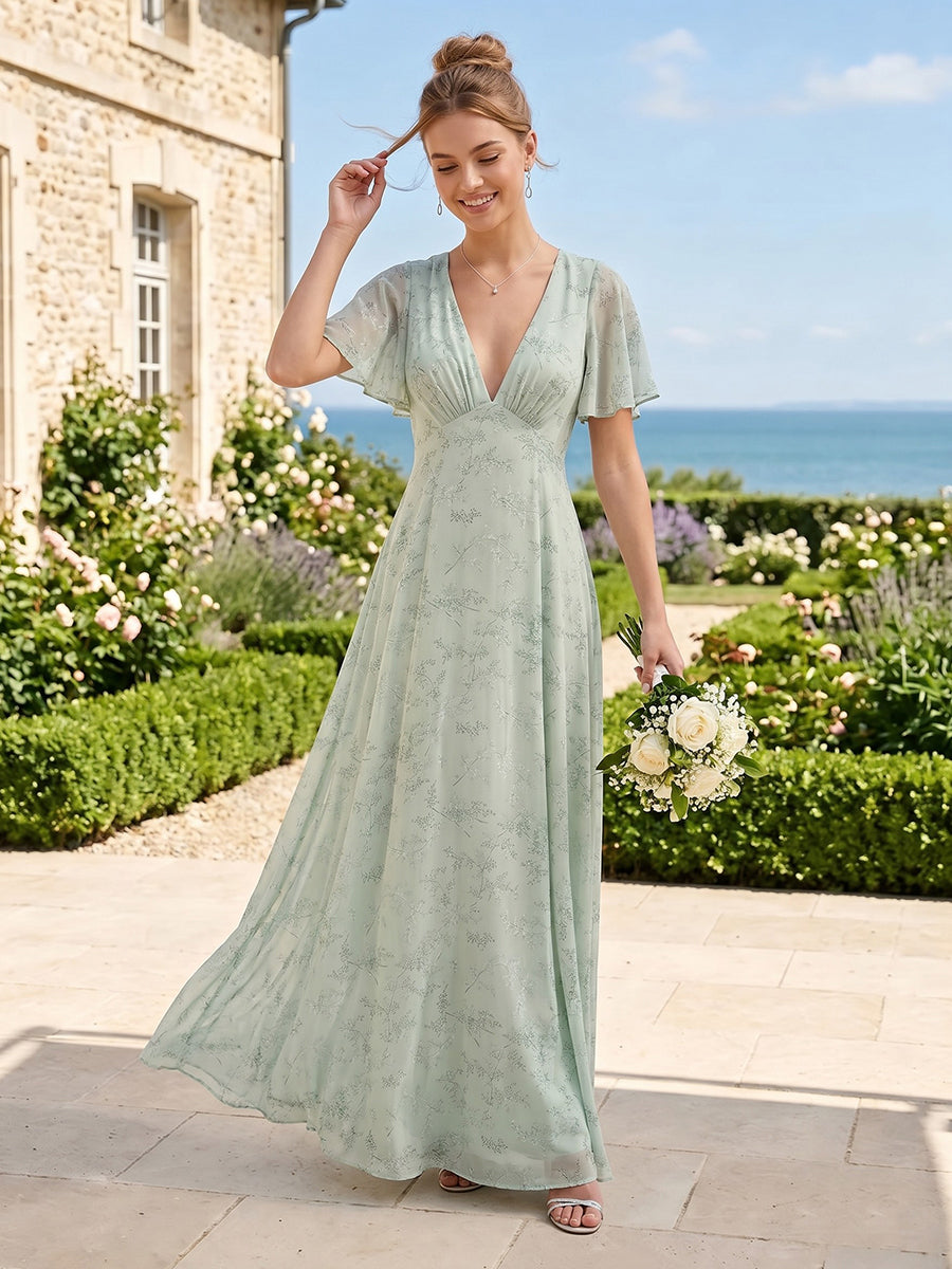 A Line Deep V Neck Short Sleeves Long Bridesmaid Dresses