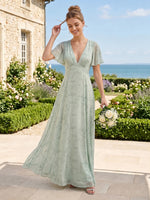 A Line Deep V Neck Short Sleeves Long Bridesmaid Dresses