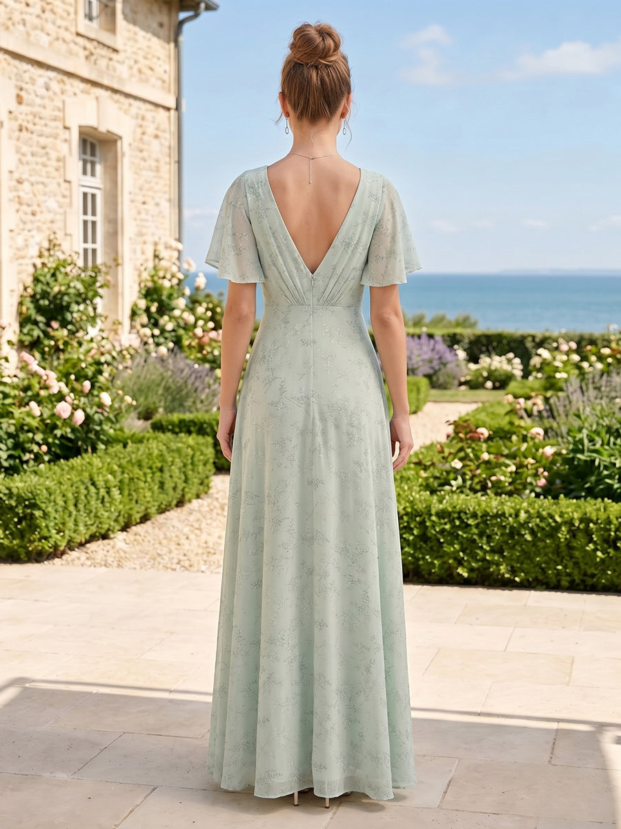 A Line Deep V Neck Short Sleeves Long Bridesmaid Dresses