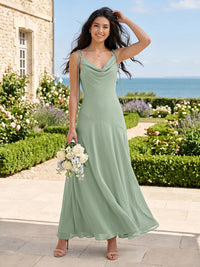 A Line Chiffon Cowl Neck Sleeveless Long Bridesmaid Dresses