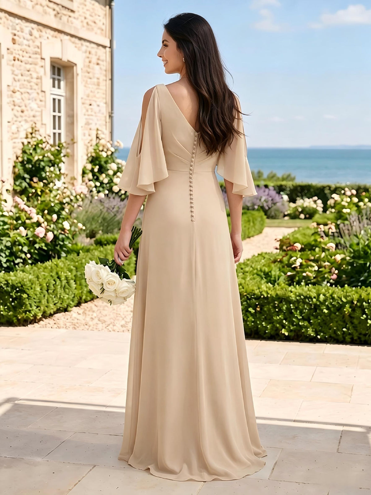 A Line V Neck 3/4 Sleeves Long Bridesmaid Dresses with Slit