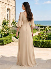 A Line V Neck 3/4 Sleeves Long Bridesmaid Dresses with Slit