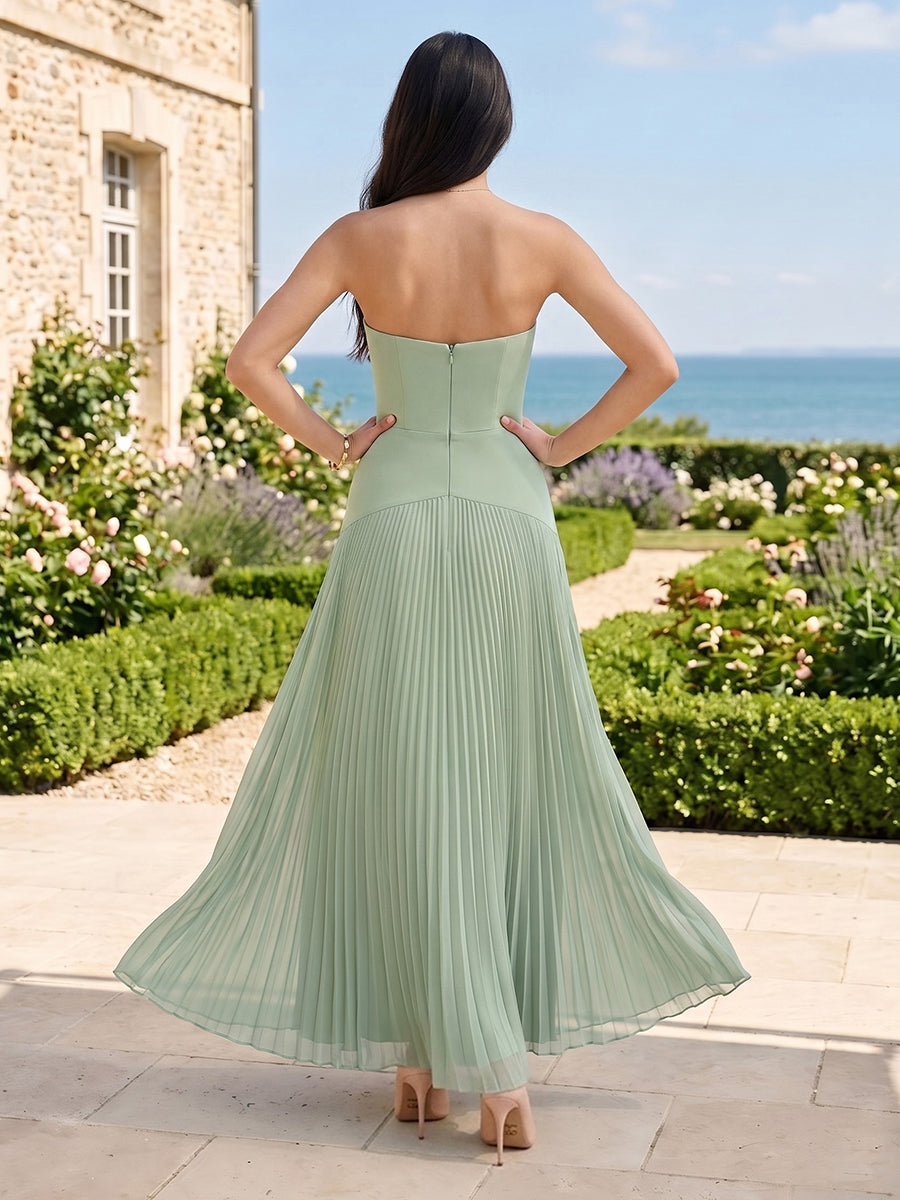 Chiffon A Line Pleated Strapless Sleeveless Long Bridesmaid Dresses